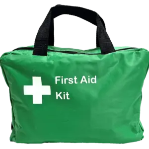 Green First Aid Bag With Handles 3 clear fold out compartments.