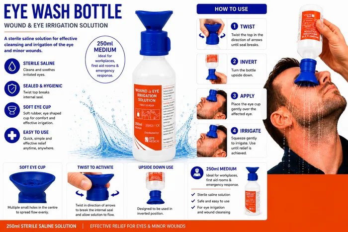 Eye & Wound Wash Saline Solution Sterile, 100 ml, 250ml and 500ml with Eye Wash Attachment
